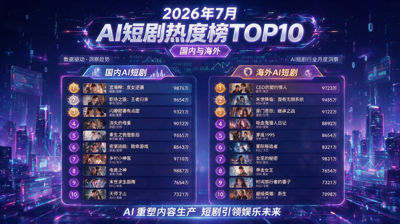 2026年7月国内与海外AI短剧热度榜TOP10(图1) 2026年7月国内与海外AI短剧热度榜TOP10