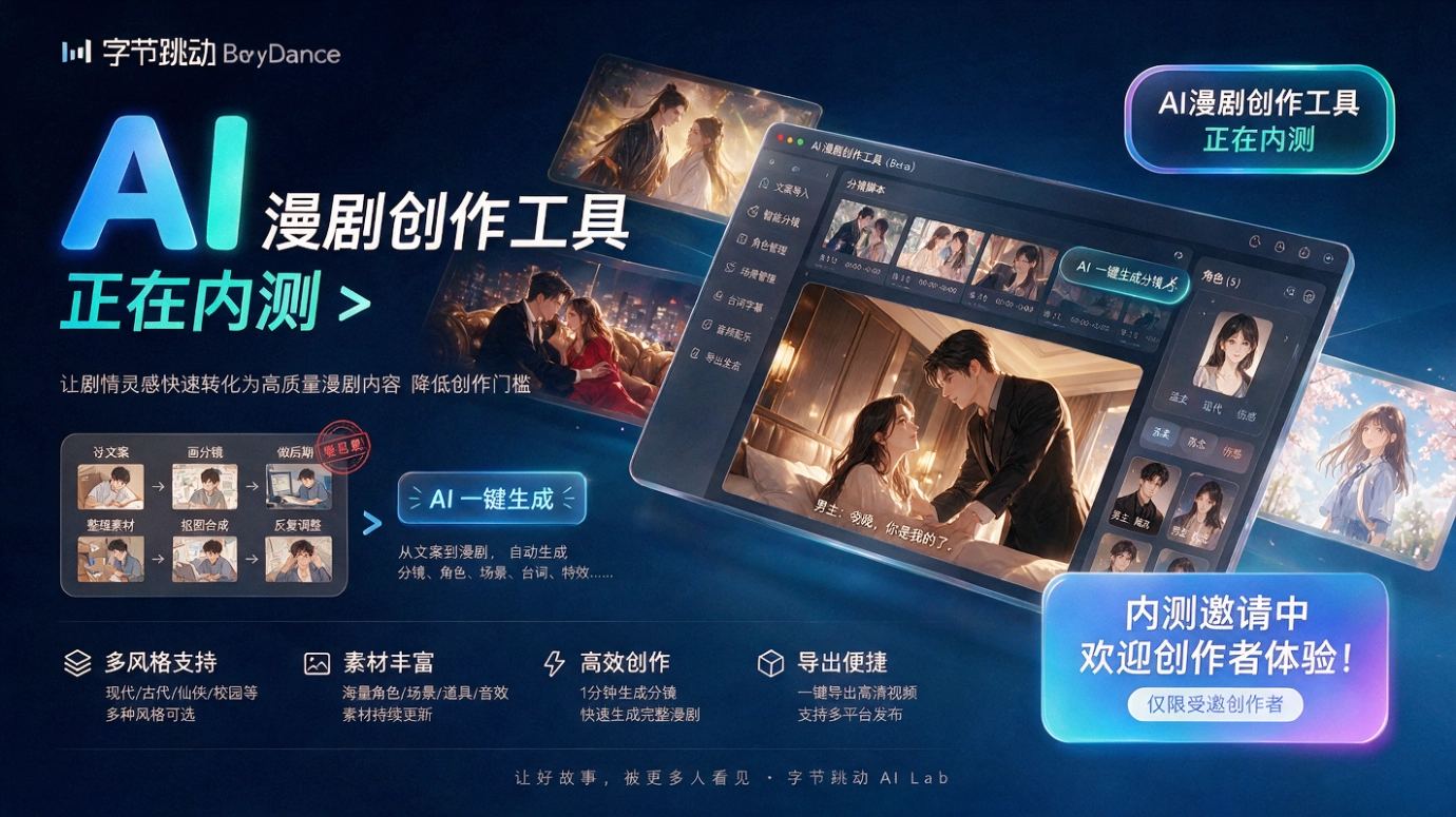 字节跳动正在内测一款“AI漫剧创作工具”(图1) AI漫剧工具封面设计-1787191686401.webp