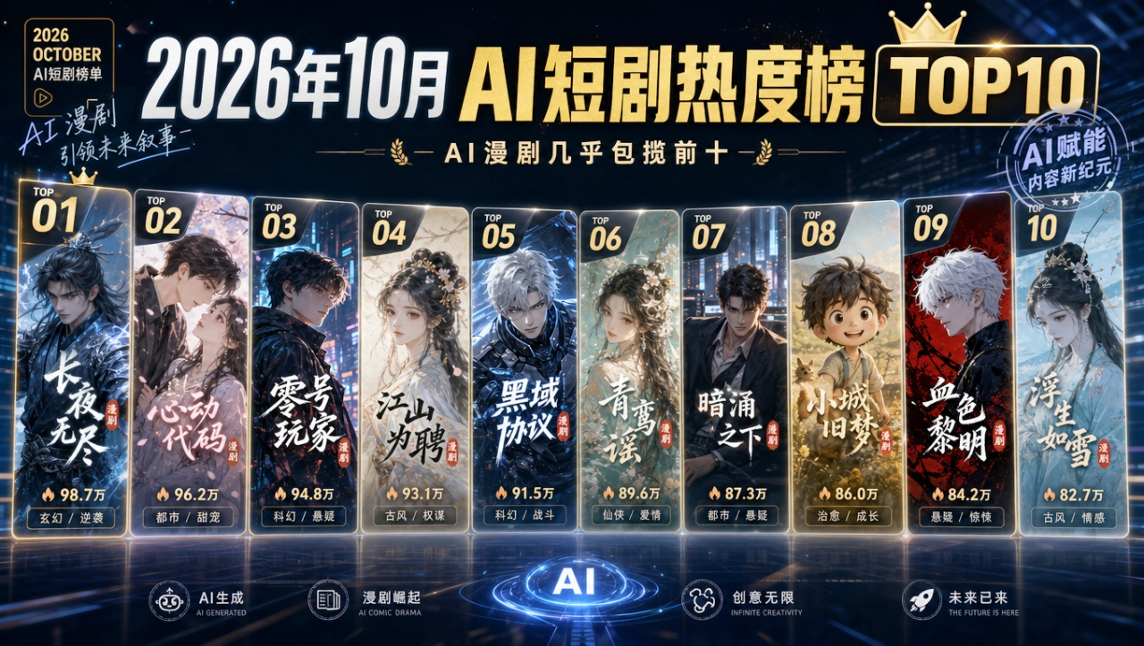 2026年10月AI短剧热度榜TOP10，AI漫剧几乎包揽前十